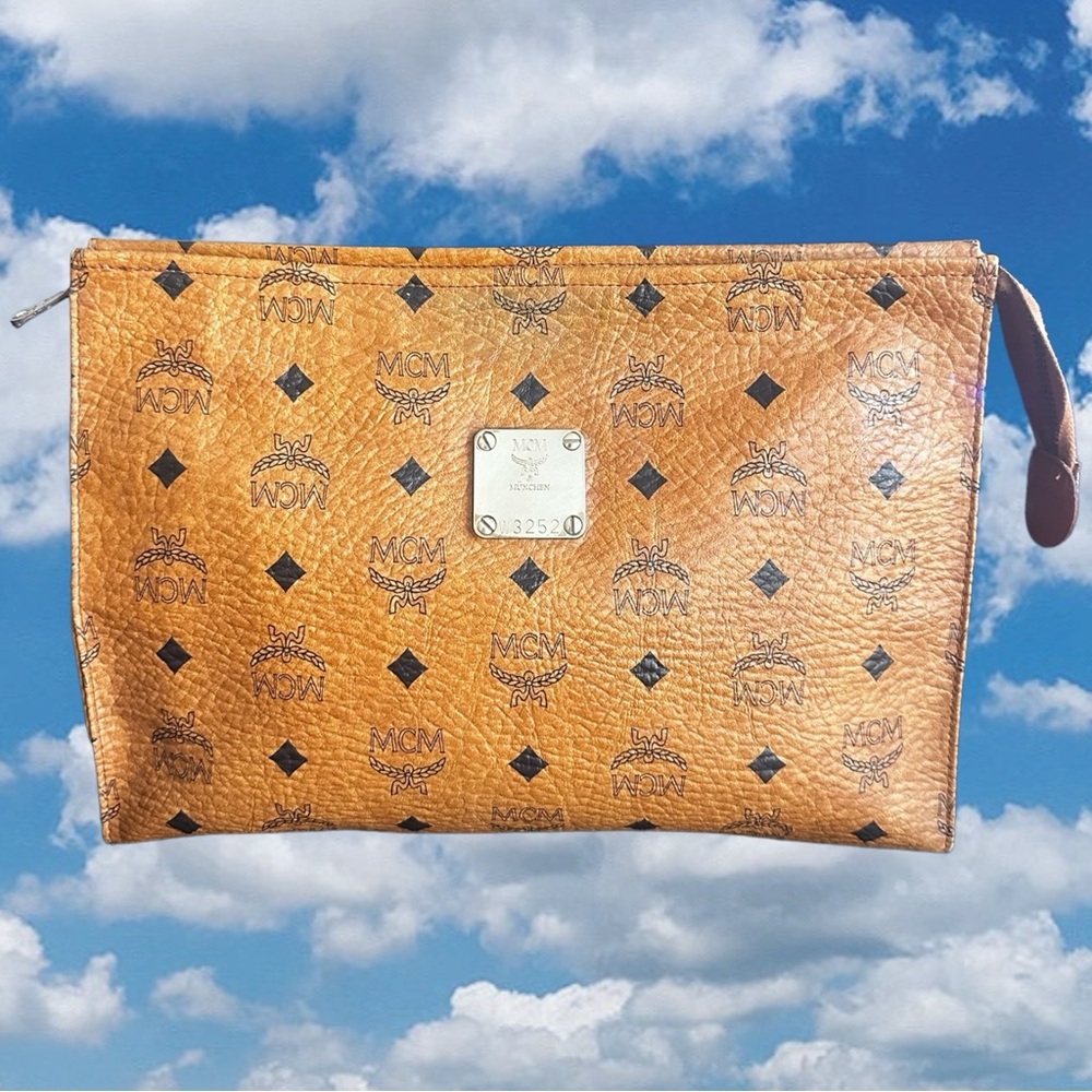 MCM Cognac Viestos  Canvas Leather Cosmetic Travel Toiletry Bag Purse Clutch